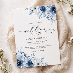 Watercolor Dusty Blue Floral Boho Modern Wedding Invitation