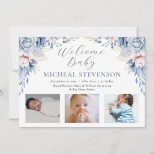 Watercolor Dusty Blue Floral Boy 3 Photo Birth Announcement