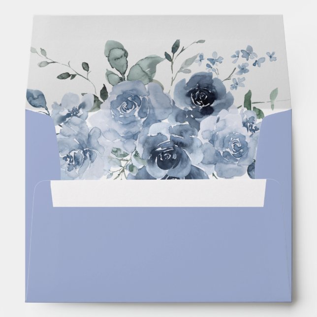 Watercolor Dusty Blue Floral Elegant Wedding Envelope (Back (Bottom))