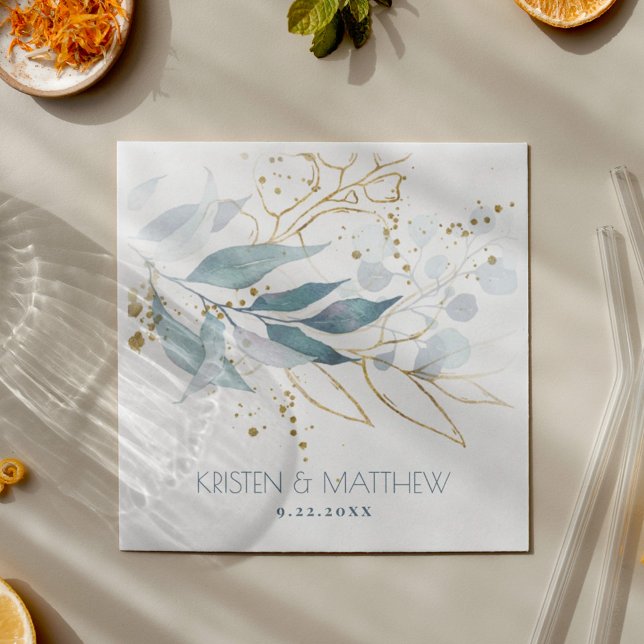 Watercolor Dusty Blue Floral Elegant Wedding Napkin (Dusty blue elegant greenery with gold accents for a boho feel that will step up cocktail hour.)