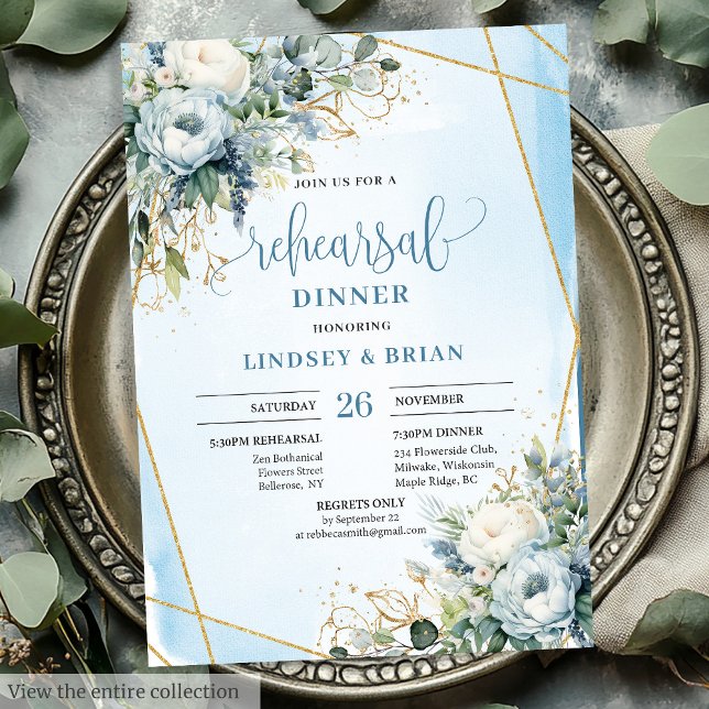 Watercolor Dusty Blue Floral Gold Frame Dinner   Invitation (Watercolor Dusty Blue Floral Gold Frame Dinner Card)
