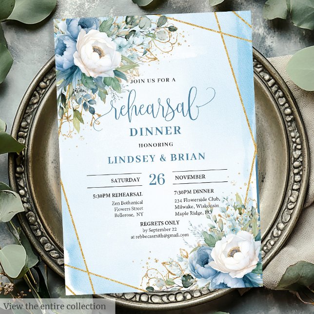 Watercolor Dusty Blue Floral Gold Rehearsal Invite (Watercolor Dusty Blue Floral Gold Rehearsal Invite

)