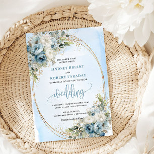 Watercolor Dusty Blue Floral Gold Wedding Invite