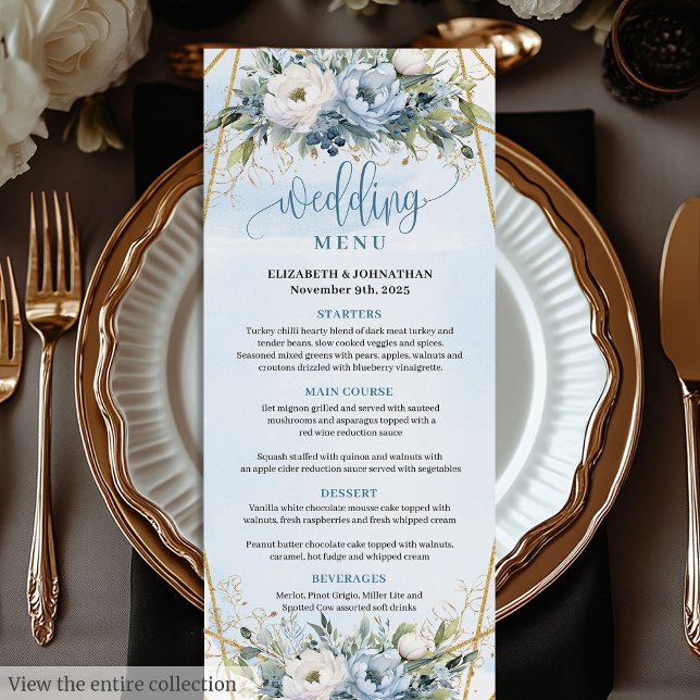 Watercolor Dusty Blue Floral Greenery Wedding Menu (Watercolor Dusty Blue Floral Greenery Wedding Menu)