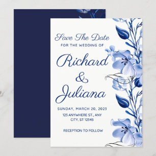 watercolor dusty blue floral navy blue wedding  invitation