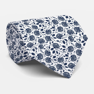 Watercolor Dusty Blue Floral Navy Tie