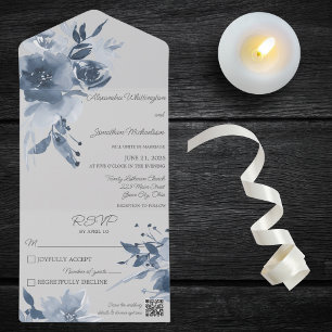 Watercolor Dusty Blue Floral on Pale Grey QR Code All In One Invitation