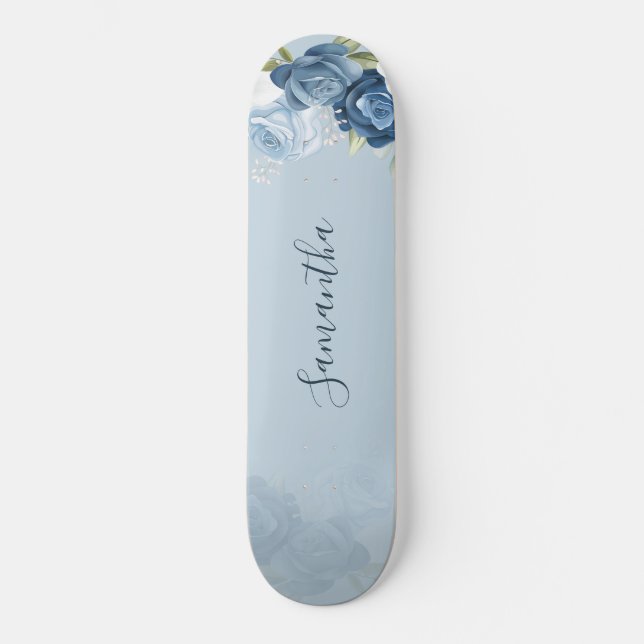 Watercolor Dusty Blue Floral Script Custom Skateboard (Front)