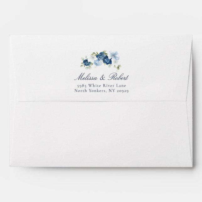 Watercolor Dusty Blue Floral Script Wedding Envelope (Back (Top Flap))