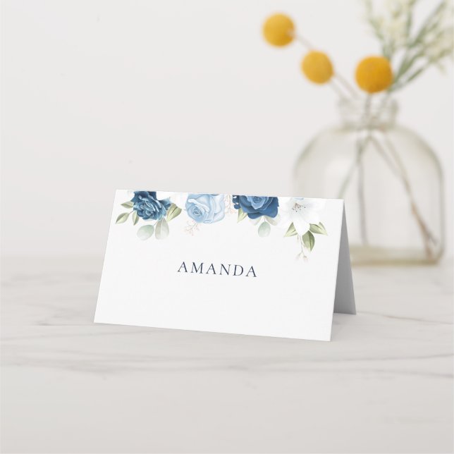 Watercolor Dusty Blue Floral Wedding Place Card (Front)
