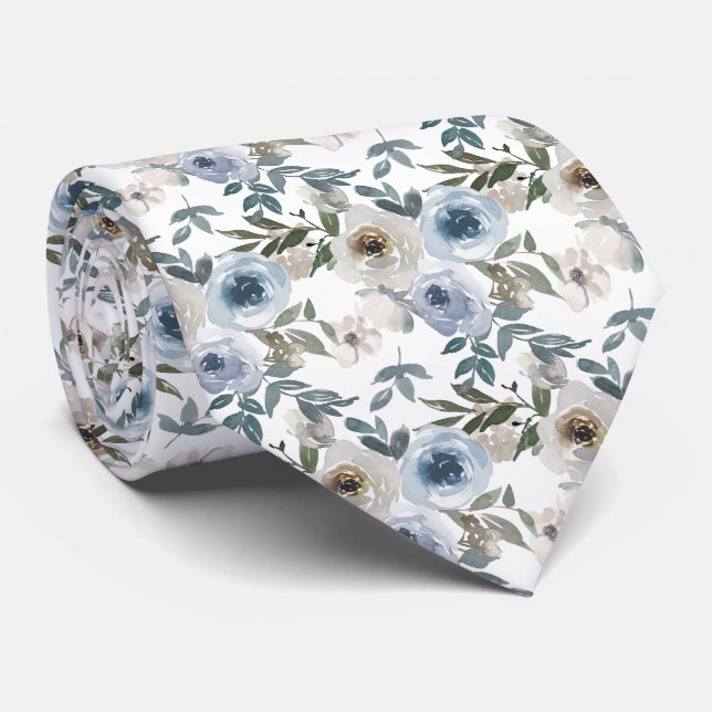 Watercolor Dusty Blue Floral Wedding  Tie (Rolled)