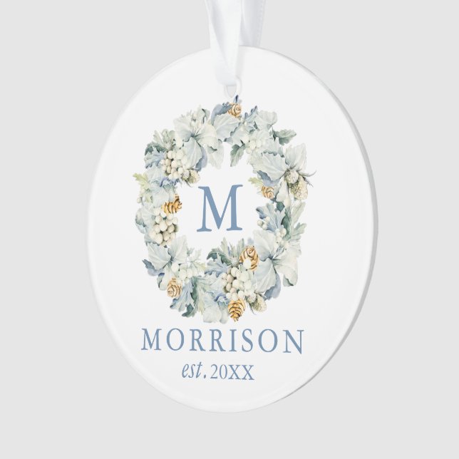Watercolor Dusty Blue Floral Wreath PHOTO BACK Ornament (Front)