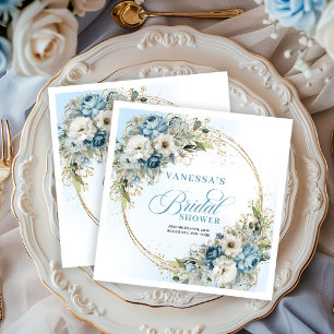 Watercolor dusty blue florals gold bridal shower  napkin