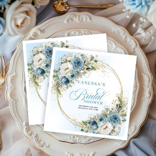 Watercolor dusty blue flowers gold frame bridal  napkin