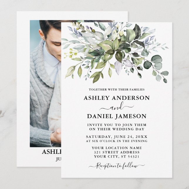 Watercolor Dusty Blue Greenery Photo Wedding Invitation (Front/Back)