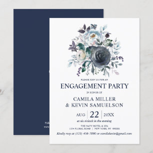 Watercolor Dusty Blue Navy Floral Engagement Party Invitation