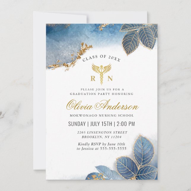 Watercolor Dusty Blue Nursing School Graduation Invitation (Front)