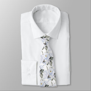 Watercolor Dusty Blue Peonies Roses Hydrangeas Tie