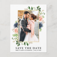 Watercolor Dusty Blue Pink Roses Save The Date