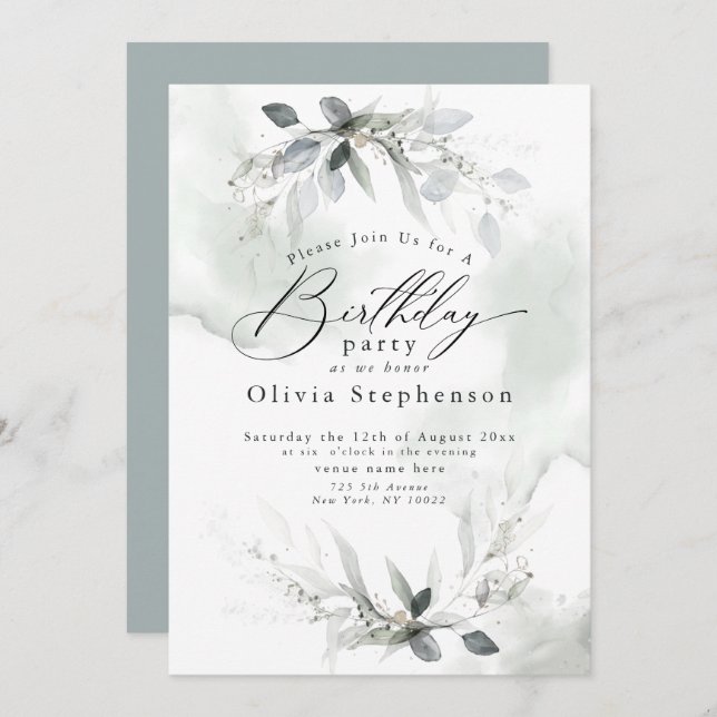 Watercolor Dusty Blue Poppy Birthday Invitation (Front/Back)