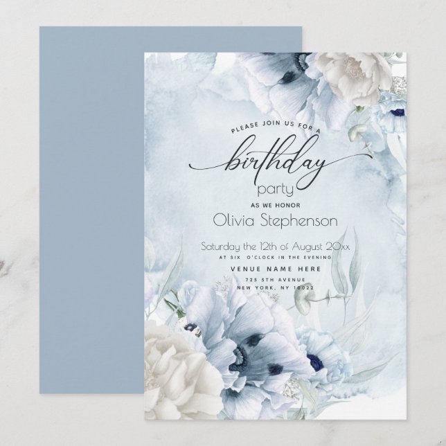 Watercolor Dusty Blue Poppy Birthday Invitation (Front/Back)