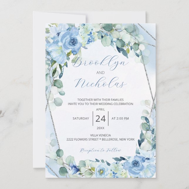Watercolor Dusty Blue Roses Wedding Invitation (Front)