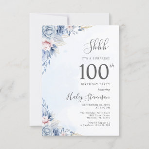 Watercolor Dusty Blue Surprise 100th Birthday Invitation