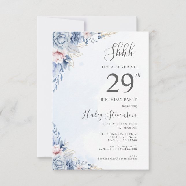 Watercolor Dusty Blue Surprise 29th Birthday Party Invitation (Front)