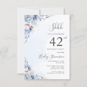 Watercolor Dusty Blue Surprise 42nd Birthday Party Invitation