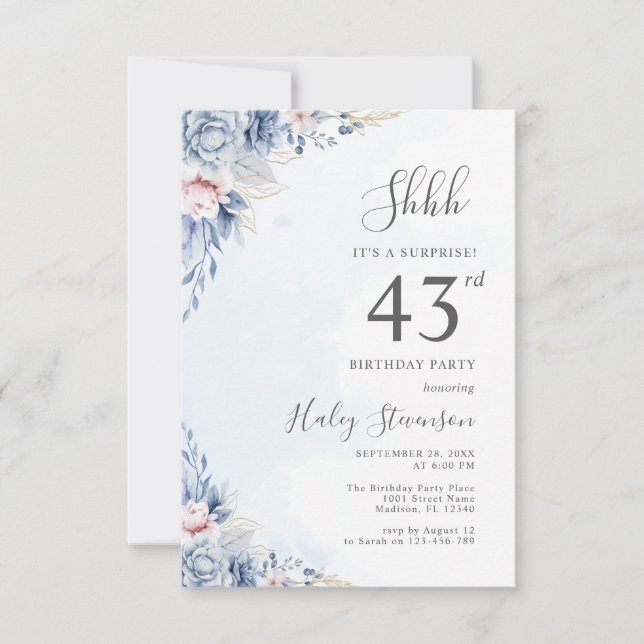 Watercolor Dusty Blue Surprise 43rd Birthday Party Invitation (Front)