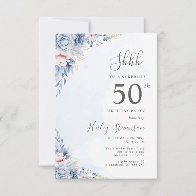 Watercolor Dusty Blue Surprise 50th Birthday Party Invitation (Front)