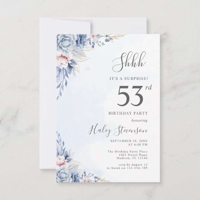 Watercolor Dusty Blue Surprise 53rd Birthday Party Invitation (Front)