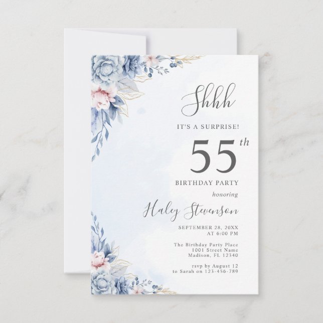 Watercolor Dusty Blue Surprise 55th Birthday Party Invitation (Front)