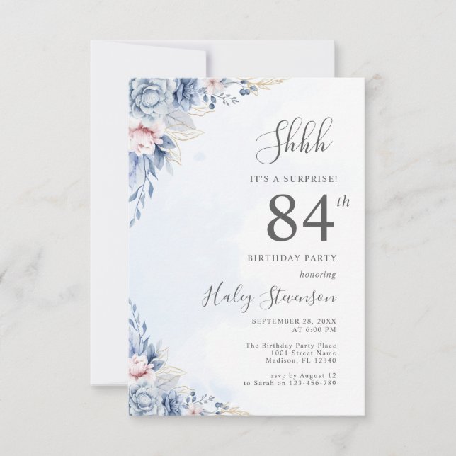 Watercolor Dusty Blue Surprise 84th Birthday Party Invitation (Front)