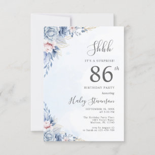Watercolor Dusty Blue Surprise 86th Birthday Party Invitation