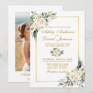 Watercolor Dusty Blue White Floral Photo Wedding Invitation