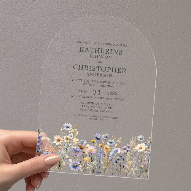 Watercolor Dusty Blue Wildflower Arch Wedding Acrylic Invitations (Watercolor Dusty Blue Wildflowers Acrylic Arch Wedding Invitation with Couple First and Last Names.)