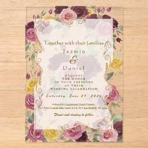 Watercolor Dusty Burgundy Yellow Roses/Clear Acrylic Invitations