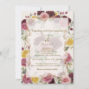 Watercolor Dusty Burgundy Yellow Roses/Cream Flat Invitation