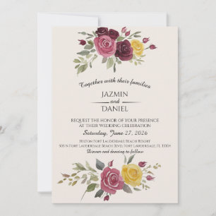  Watercolor  Dusty Country Burgundy Roses On Cream Invitation
