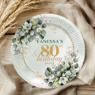 Watercolor Dusty Green 80th Birthday Botanical Paper Plate