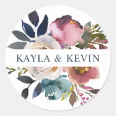 Watercolor Dusty Mauve Rose Blue Floral Wedding Classic Round Sticker (Front)