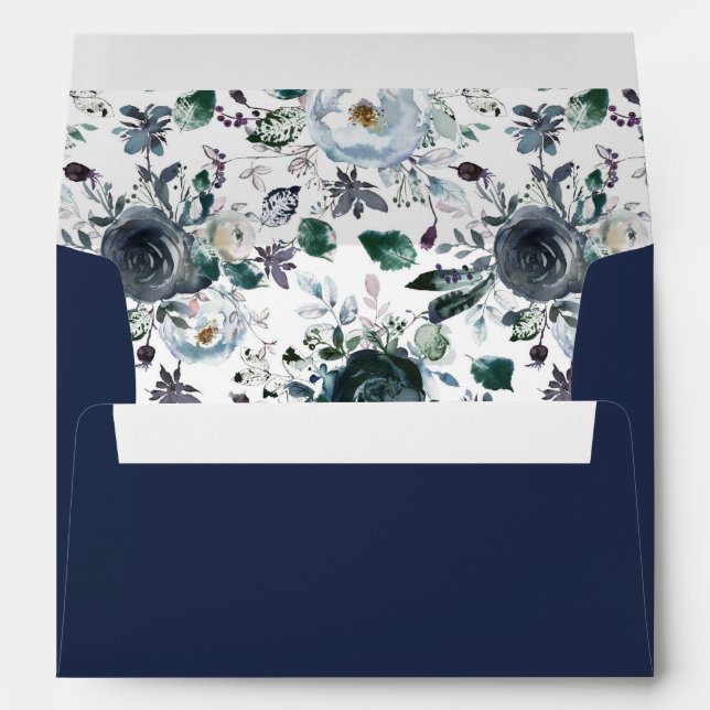 Watercolor Dusty Navy Blue Floral Wedding Envelope (Back (Bottom))
