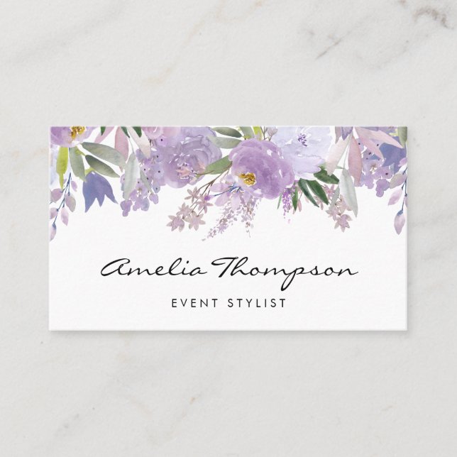 Watercolor Dusty Purple Floral Garland Script Business Card (Front)