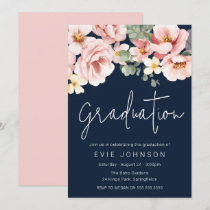 Watercolor Dusty Rose Navy Graduation Invitation