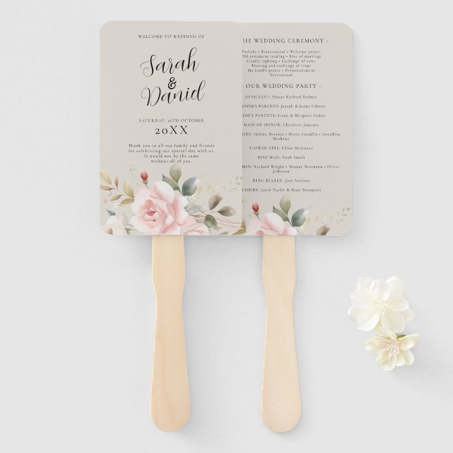 Watercolor Dusty Rose Pink Wedding Progams Hand Fan (Front and Back)
