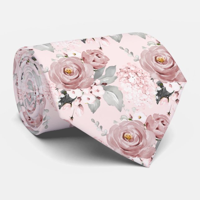 Watercolor Dusty Roses Hydrangeas DIY background N Tie (Rolled)