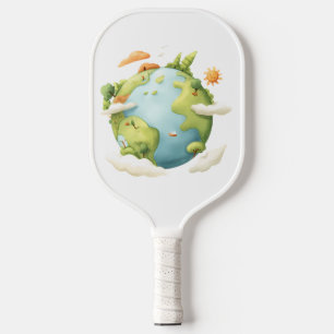 Watercolor Earth- Cartoon Earth with Nature Elemen Pickleball Paddle