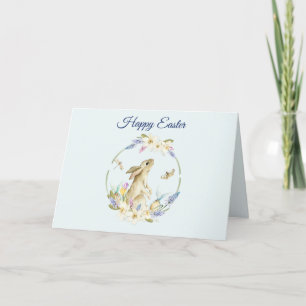 Watercolor Easter Bunny and Spring Flowers  Holiday Card