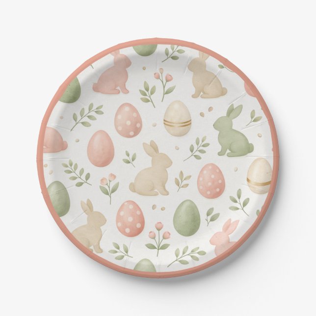 Watercolor Easter Bunny & Eggs Pastel Party Paper Plate (Front)